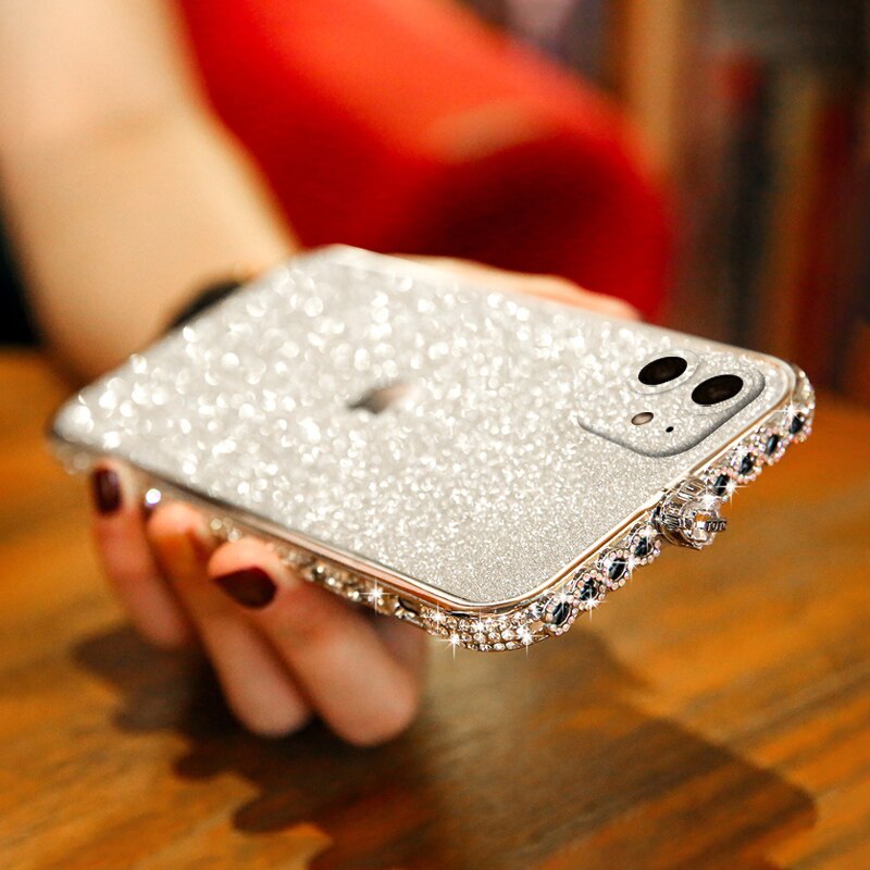 Luxe Bling Diamant Pare-chocs En Métal sur iPhone 11 Pro Max XS XR 6S Plus 7 8 Plus Paillettes Bâton Couverture Fille Femmes Étui Strass