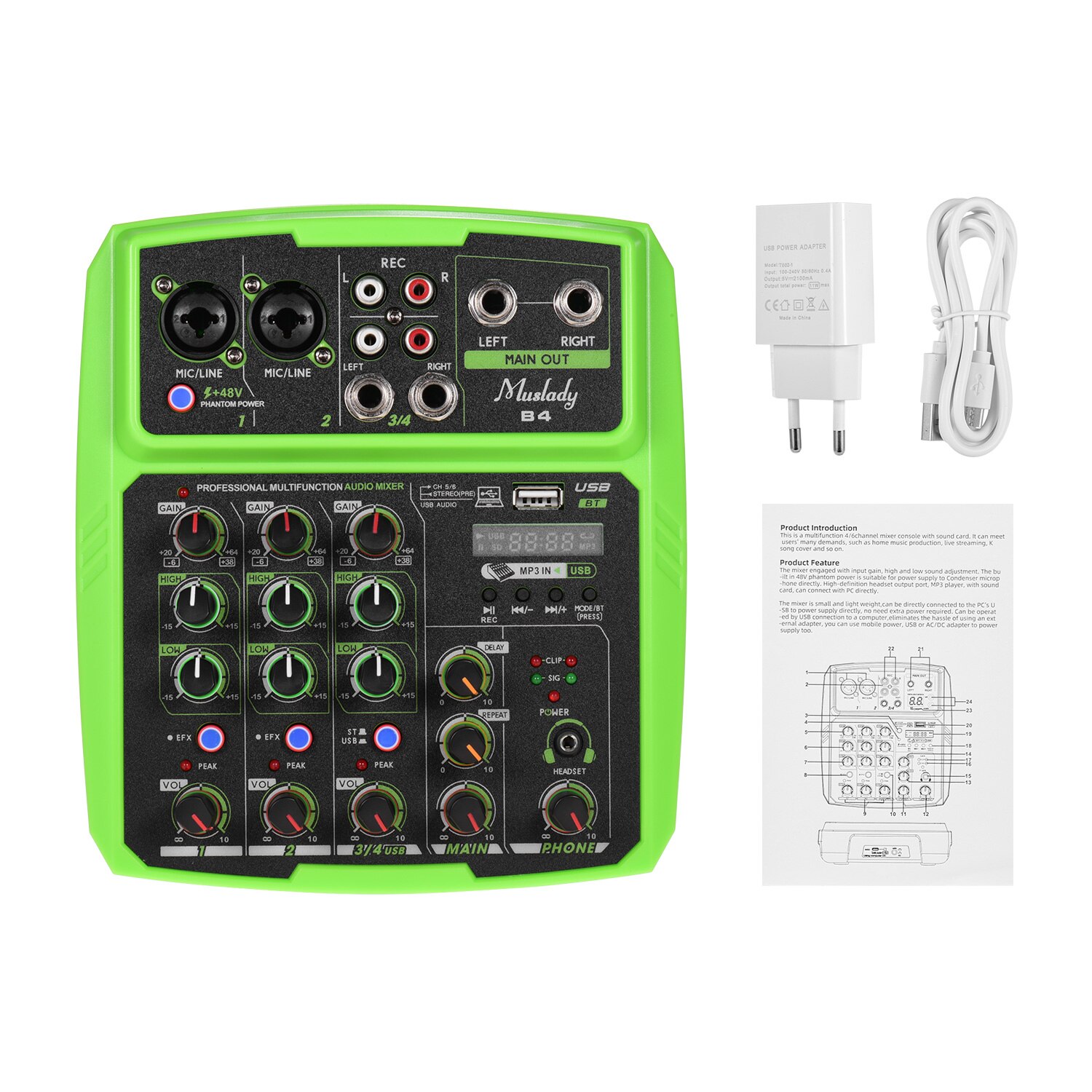 Muslady B4 Portable 4 Channels Audio Mixer USB Mixing Console Supports BT Connection with Sound Card Built-in 48V Phantom Power: Green EU