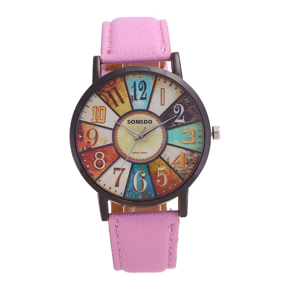 Reloj de cuarzo de estilo Retro para mujer, cronógrafo analógico de cuero de imitación con estampado de grafiti informal: Rosa