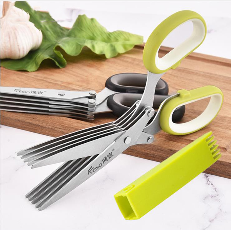 Herb Scissors with 5 Blades and Cover, Herb Scissors, Multipurpose Cutting Herb Stripper, Kitchen Shears Dishwasher Safe