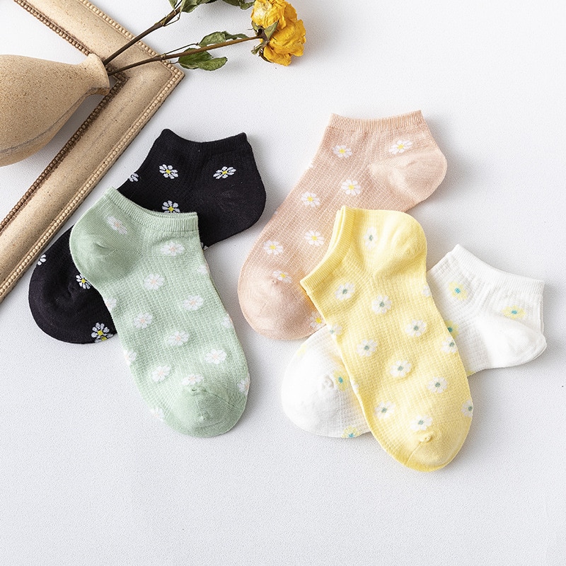 small fresh chrysanthemum socks spring and summer breathable thin cotton socks female spot boat socks