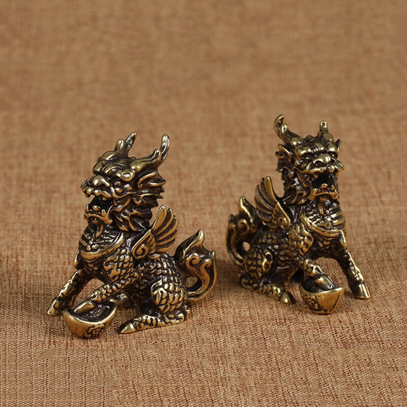 Antique Bronze Chinese Mythical Beast Qi Lin Statue 1 pair Copper Animal Ornaments Lucky Home Feng Shui Living Room Decorations