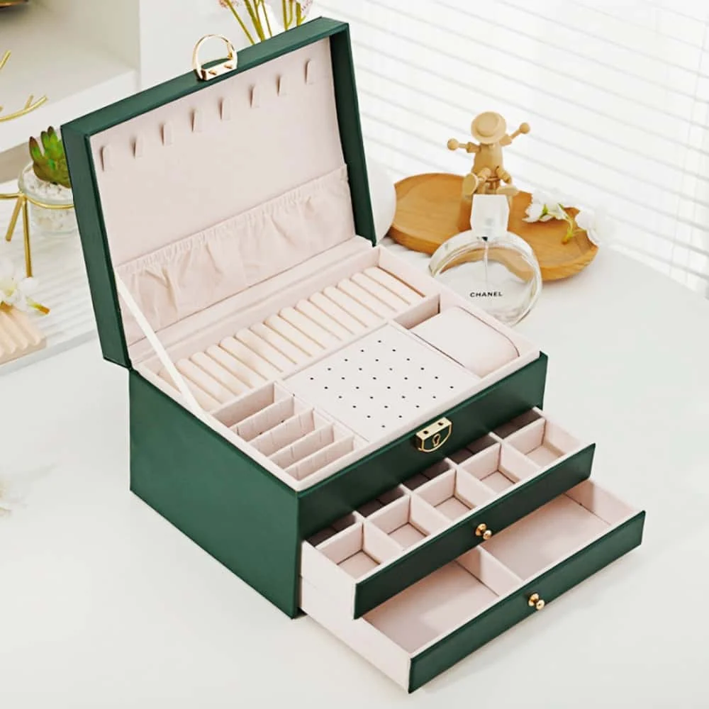 Schmuck-Aufbewahrungsbox, abschließbar – 3-lagige große Schublade für Ohrringe, Ringe, Halsketten-Organizer – modische Reise-Schmuck-Aufbewahrungsbox