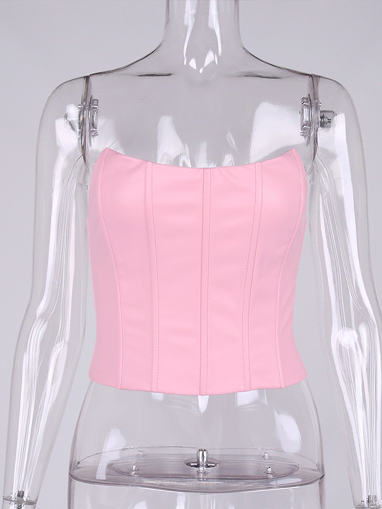Udsalg! sommer crop top kvinder fiskeben dobbelt lag pink pu læder sexet crop top dame klubtøj fest