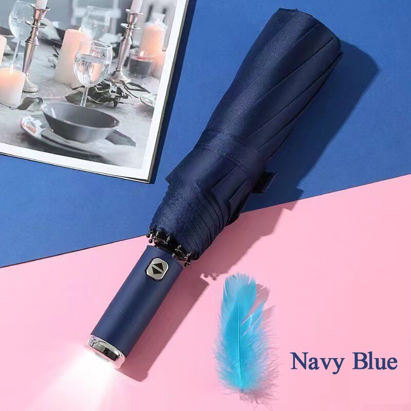Parapluie pliant automatique à 10 baleines, grand parapluie coupe-vent avec lumière Led, pour femmes, revêtement noir, pour les affaires, Parasol