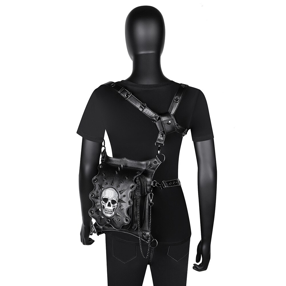 Punk Rock Waist Bag For Women Steampunk Rivets Skull Totes Crossbody Shoulder Bag Men Motorcycle Leg Belt Hip Pouch Pack