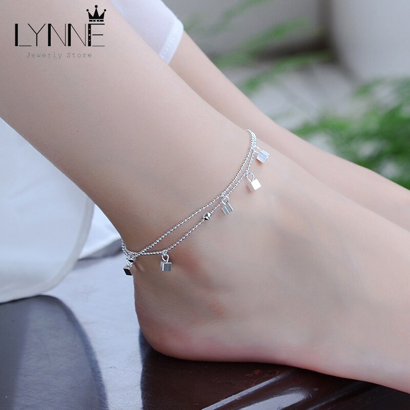 Ladies Beach Square Pendant Foot Anklet 925 Sterling Silver Double Layer Small Ball Chain Anklets Bracelet For Women Jewelry