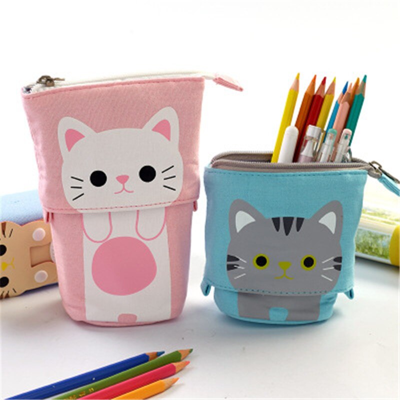 Cartoon kat telescopische etui tas opvouwbare staande houder kinderen etui canvas intrekbare studenten flexibele pennendoos