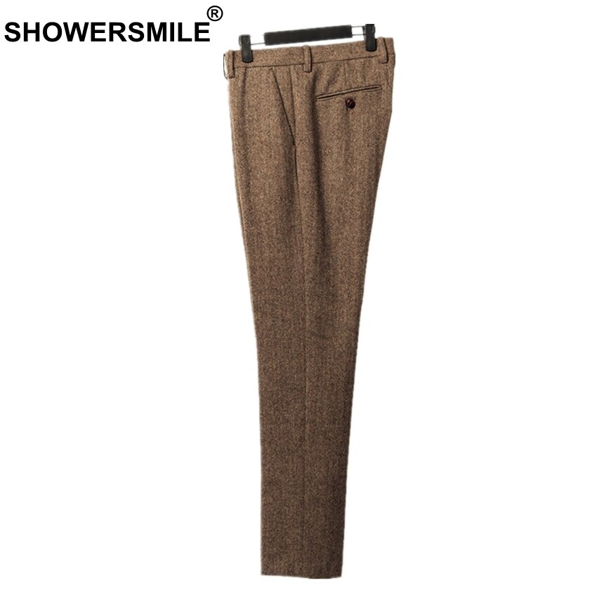 Showersmile herr retro byxor ylle byxor herr business grå fiskbens slim fit klänning byxor tweed ylle kläder england stil: Brun / 38
