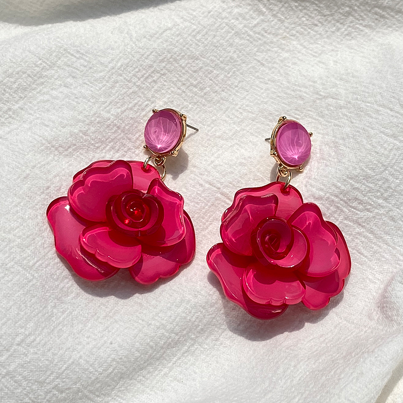 Vintage coréen acrylique Rose fleur boucles d'oreilles pour femmes acétate résine longues boucles d'oreilles pour filles bijoux Brincos: Vin rouge