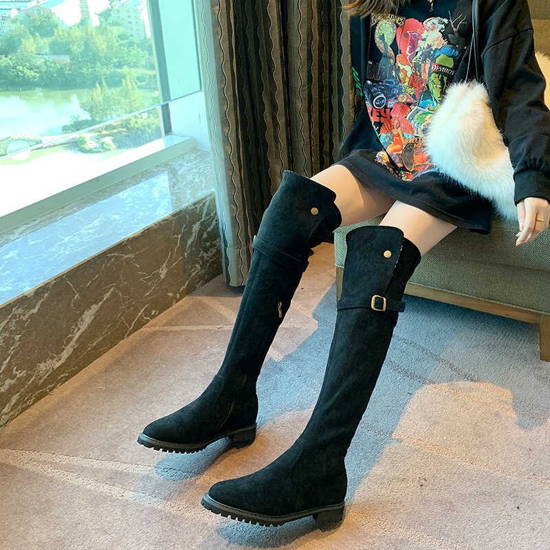 Women's Over The Knee High Boots Winter Plush Velvet Long Tube Suede Stretch Warm Fur Snow Boots Black Khaki Platform Shoes