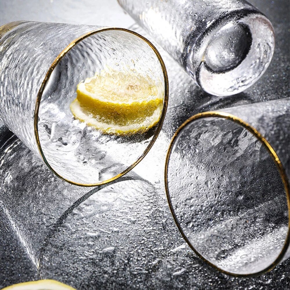 Glass Cup With Gold Rim Coffee Mug Thermal Insulation Breakfast Milk Crystal Hammer Point Ripple Cups Tumbler