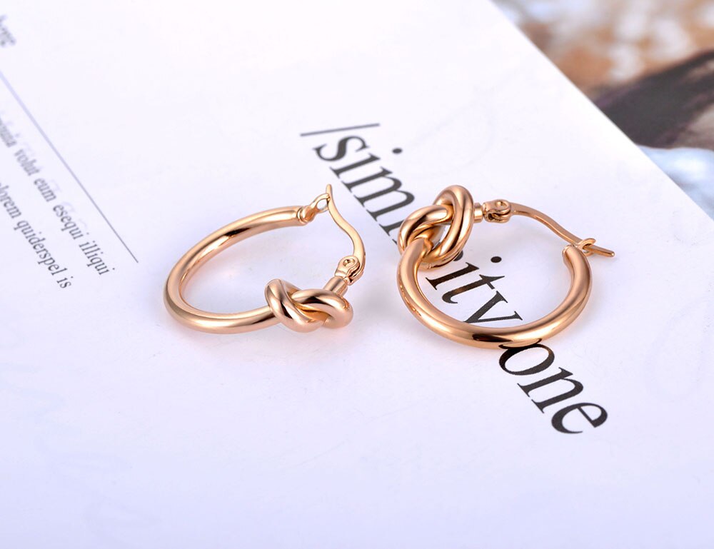 Lokaer Original Rose Gold Stainless Steel Knotted Hoop Earrings Trendy Bohemia Office Earrings For Women Girls E19282