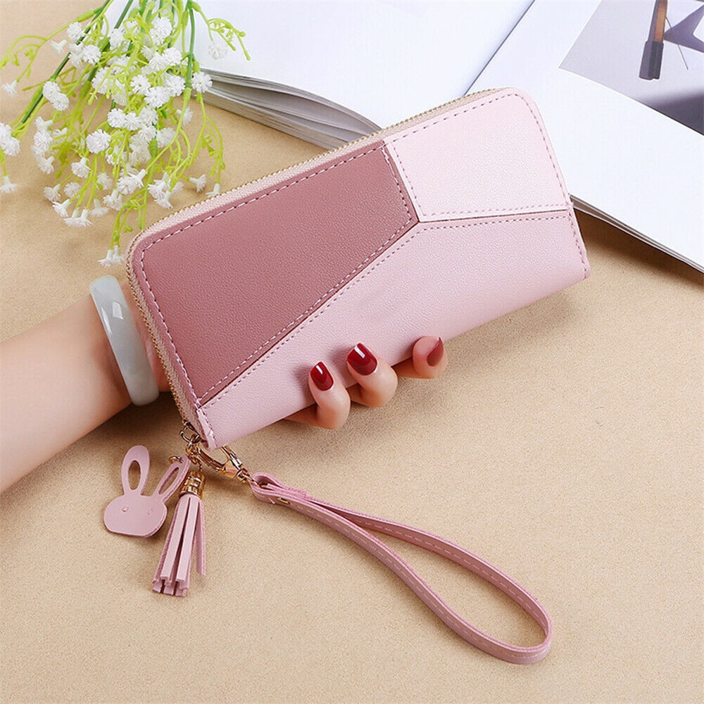 Vrouwen portemonnee met rits van pu leer, grote patchwork polsband, handtas, kaarthouder, telefoonhoesje, clutch, handtas: Roze