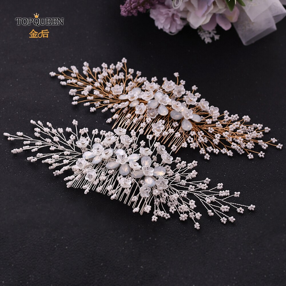Topqueen  hp279 bloemen haarkam kralen haarkam bruiloft gouden zilveren haarkam juweel haarspeld bruids haarsieraden bruids tiara