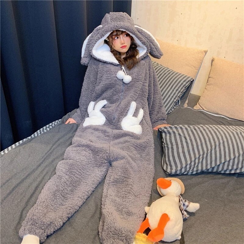 Cute Flannel Stitch Pajamas Winter Plus Velvet Warm Onesie Women&#39;s Sleepwear Unisex Rabbit Loose Thick Plush Hooded Homewear: Default Title