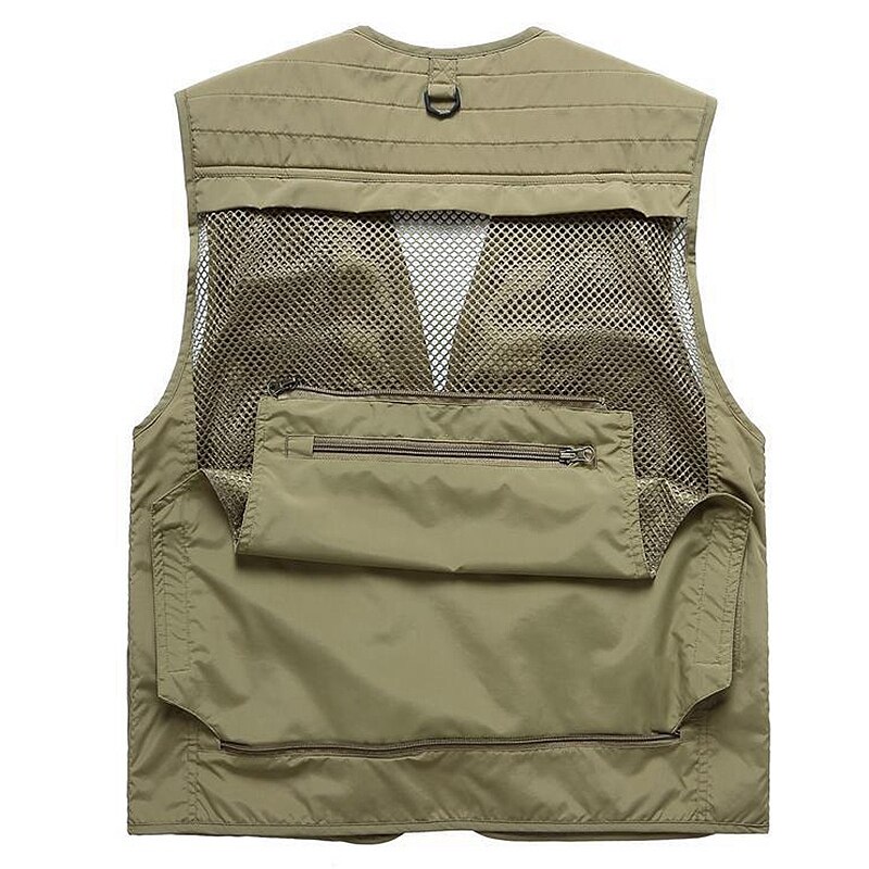 Chaleco de pesca multifunción de secado rápido para hombre, chaqueta suelta de malla para exteriores, multibolsillos, abrigo de cintura de pescador para fotografía, color caqui M