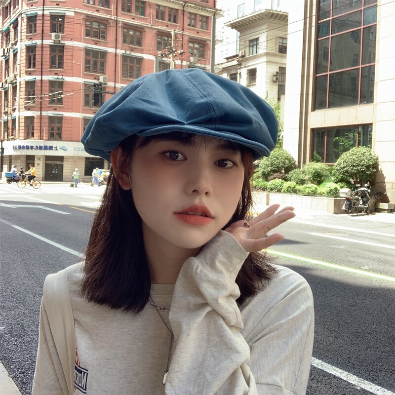 Sombreros Retro japoneses para mujer, gorro plano liso octogonal Newsboy, informal, boina, pintor, Otoño e Invierno: Denim Blue