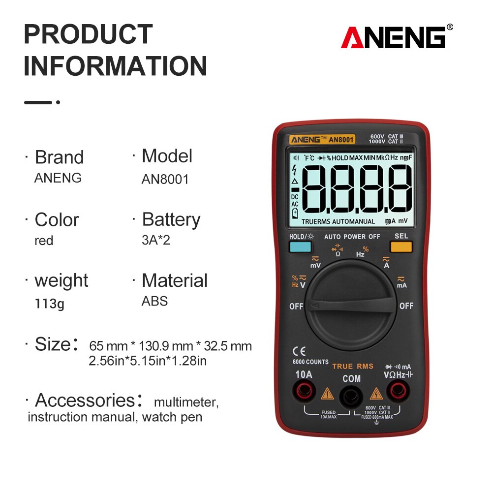Aneng AN8001 True-Rms Auto Range Digitale Multimeter Ac/Dc Spanning Ampèremeter Current Meter Temperatuur Meting