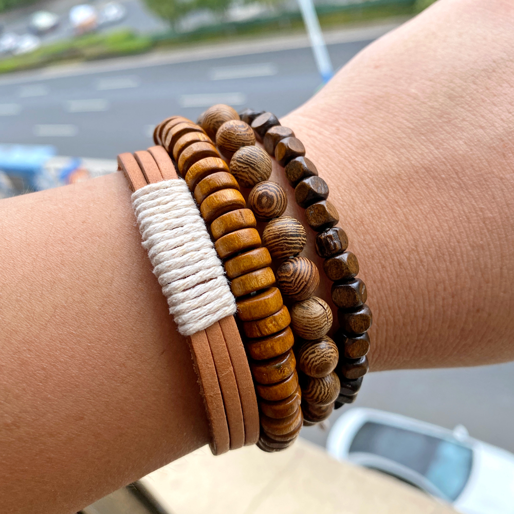 Pulsera de cuentas de madera multicapa para hombre, pulsera de cuerda de cuero marrón Vintage hecha a mano, pulseras nuevas étnicas, brazalete, de joyería 2024