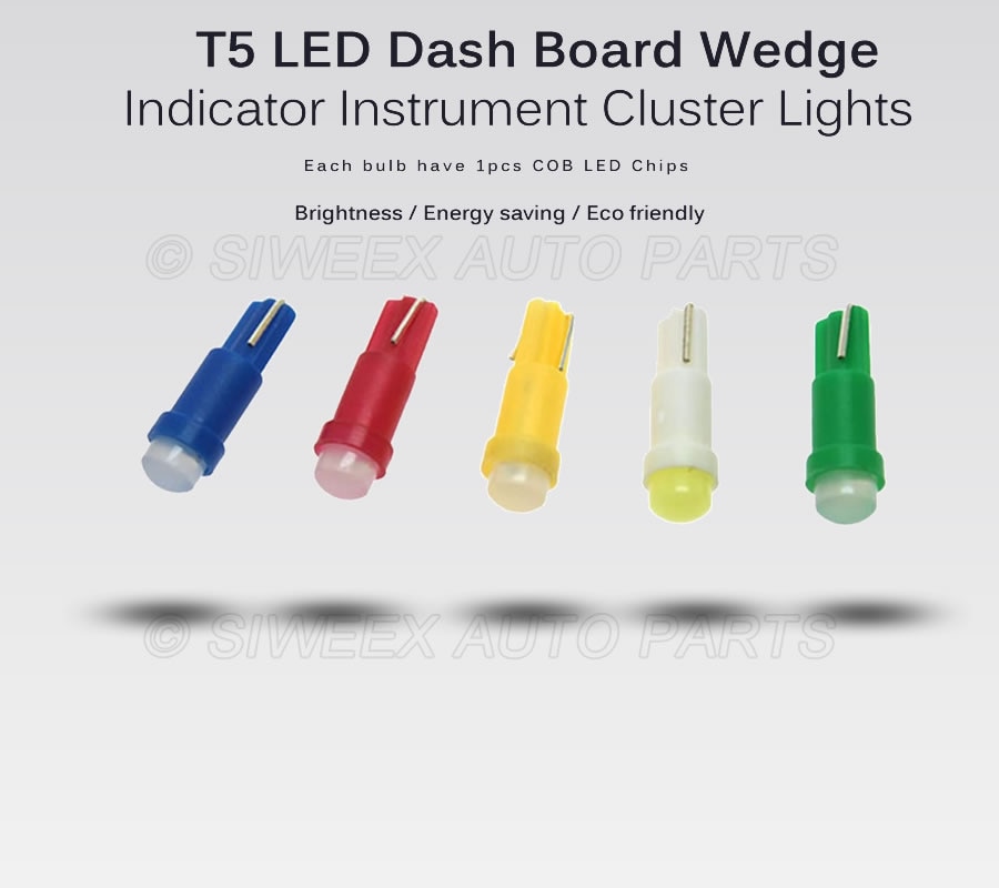 20 stk/parti  w1.2w fatning  t5 led 12v bil auto side kile instrumentbræt måler instrument lys lampe pære is blå rød grøn gul