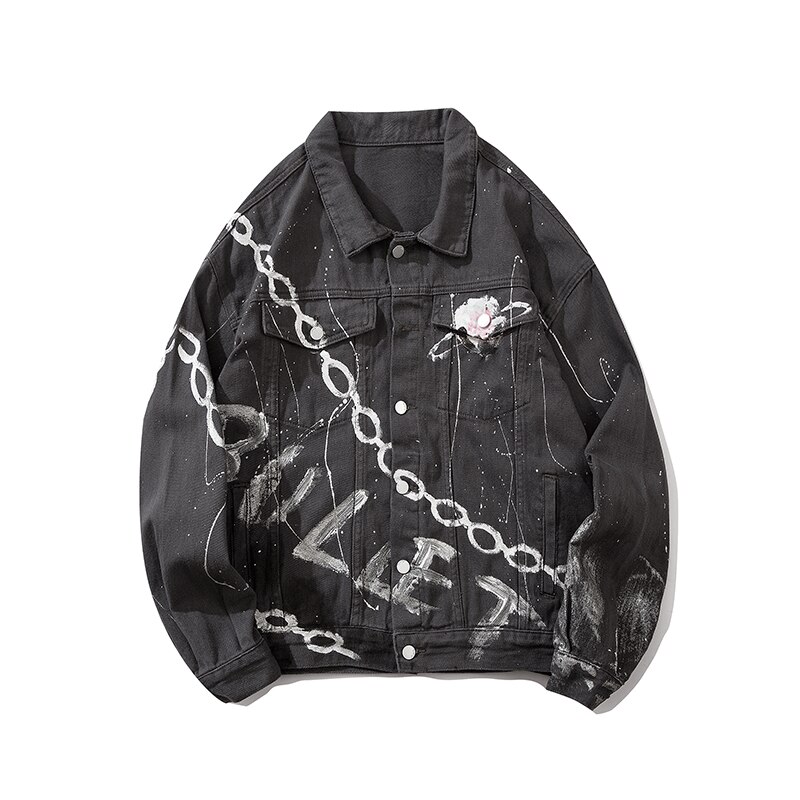Graffiti print grå denim jakker streetwear hiphop casual punk rock jeans jakker frakker outwear hipster toppe  wq174: Xl