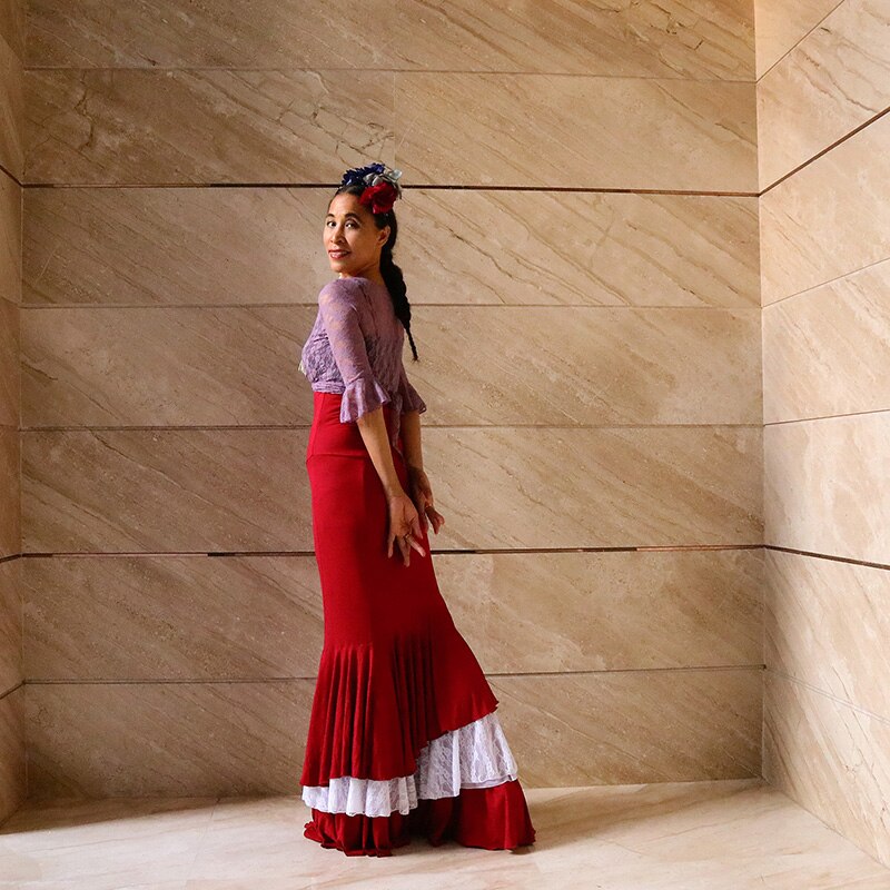 Flamenco Belly Dance Wine Red Cotton Multi-Layered Fishtail Wrap Hip Skirt EKK13