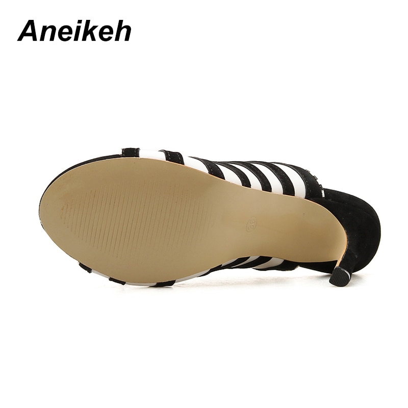 Aneikeh Zebra Stripe Peep Toe High Heel Dress Slippers Summer Slip On Thin Heels Slides Women Mules Black Size 35-40