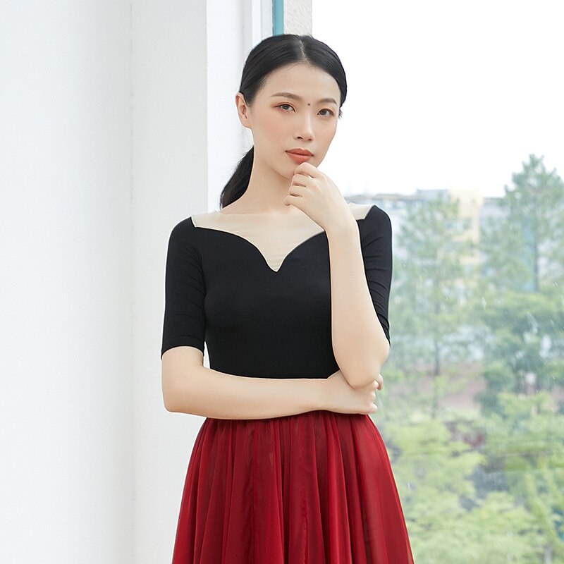 Volwassen Mode Sexy Onzichtbare Huid Zwart Buikdans Top Ballet Kostuum T-shirt Voor Vrouwen Dansen Kleding Danser Slijtage Kleding