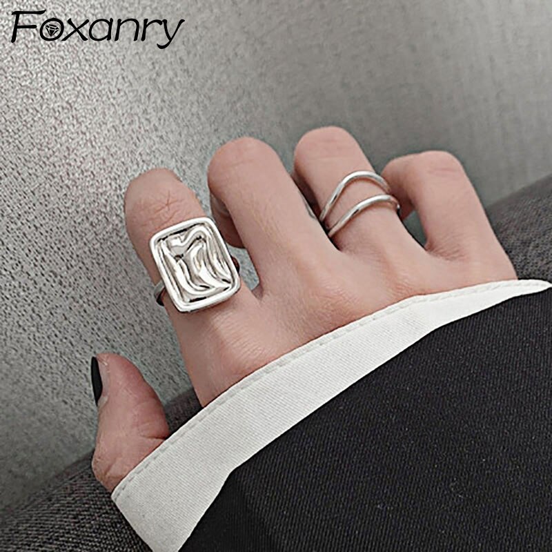 Foxanry INS 925 Sterling Silver Rings for Women Trendy Simple Double-layered Geometric Wedding Bride Jewelry