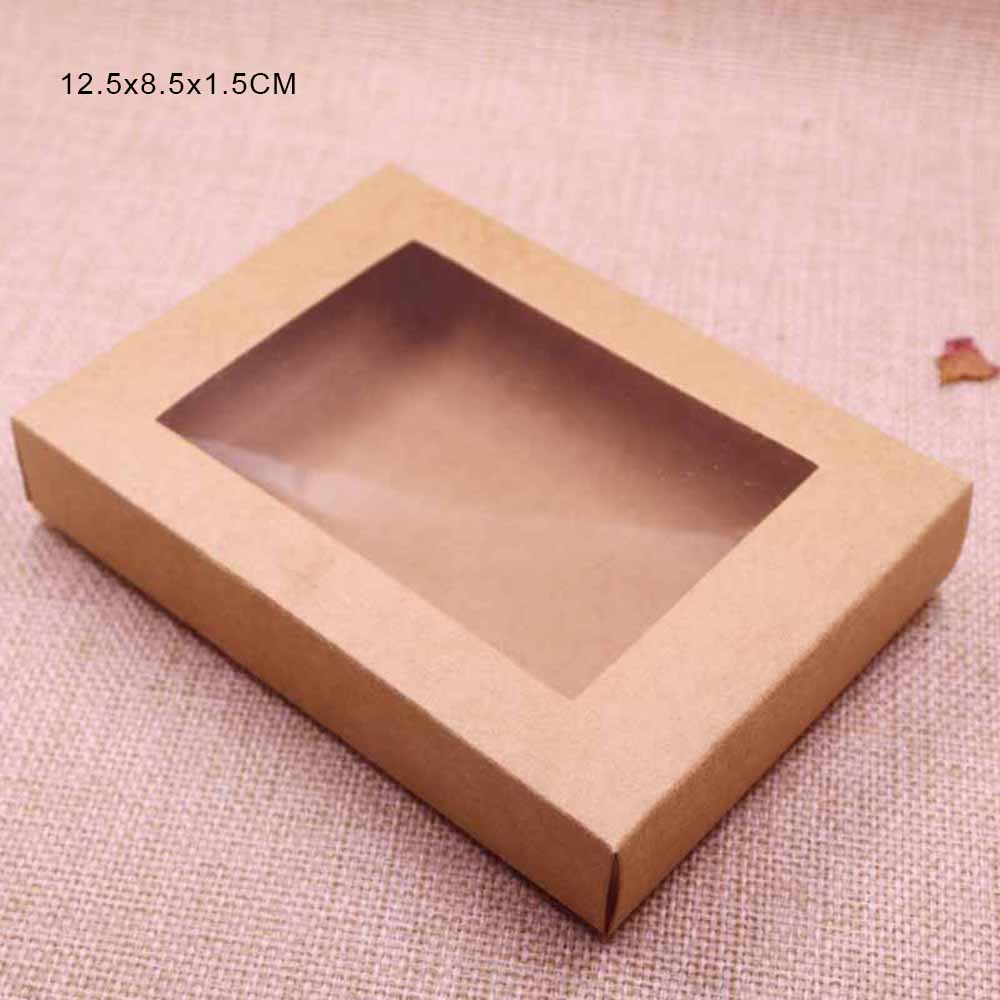5 stk diy papirboks med vindue hvid / sort / kraftpapirkasse kageemballage til bryllupshjemfest muffinemballage: Brun / 14.5 x 10.5 x 2.5cm