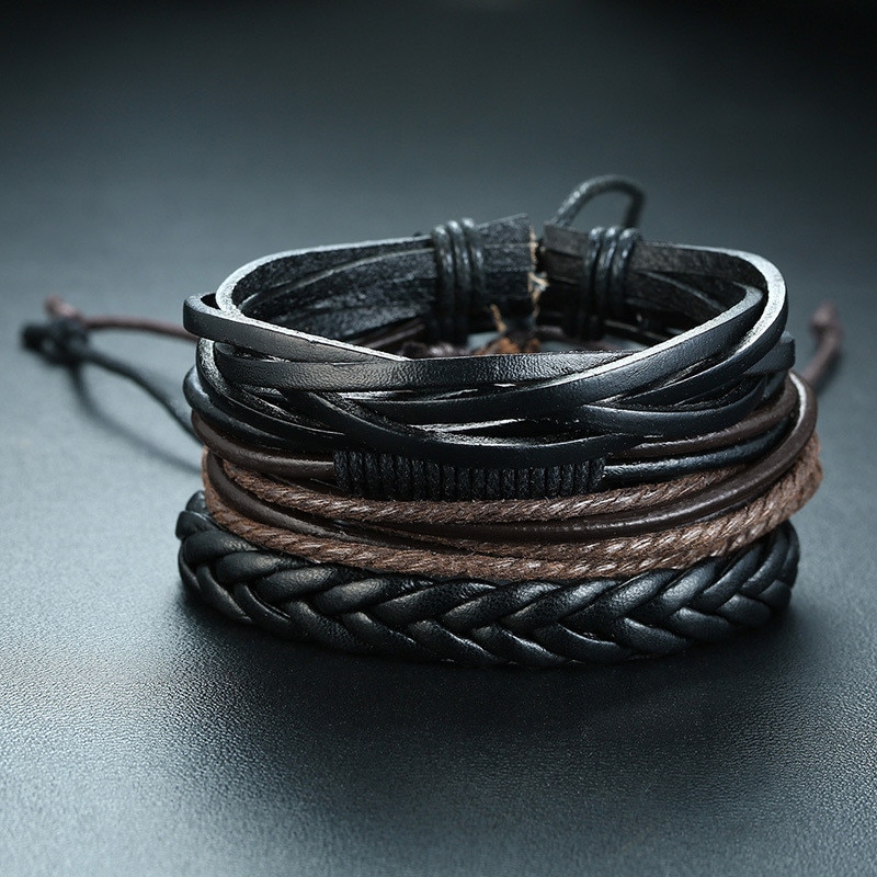 ZORCVENS 4 pieces/ Set Leather Bracelets for Men Braided Rope Wristband Vintage Style Male Bangle