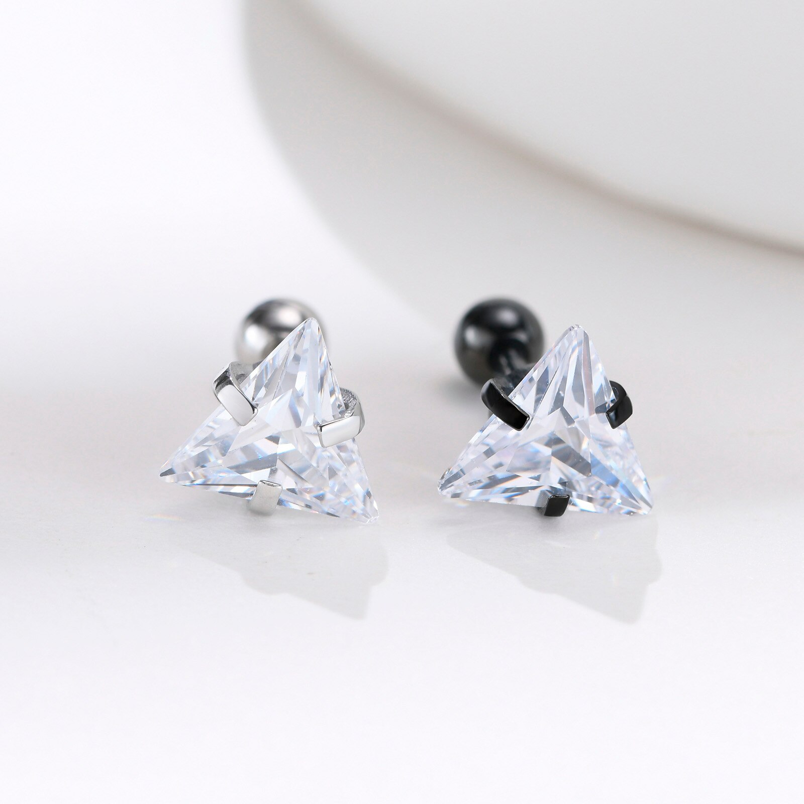 Small Triangle Stud Earrings in Stainless Steel, Cubic Zirconia, Geometric Minimalist