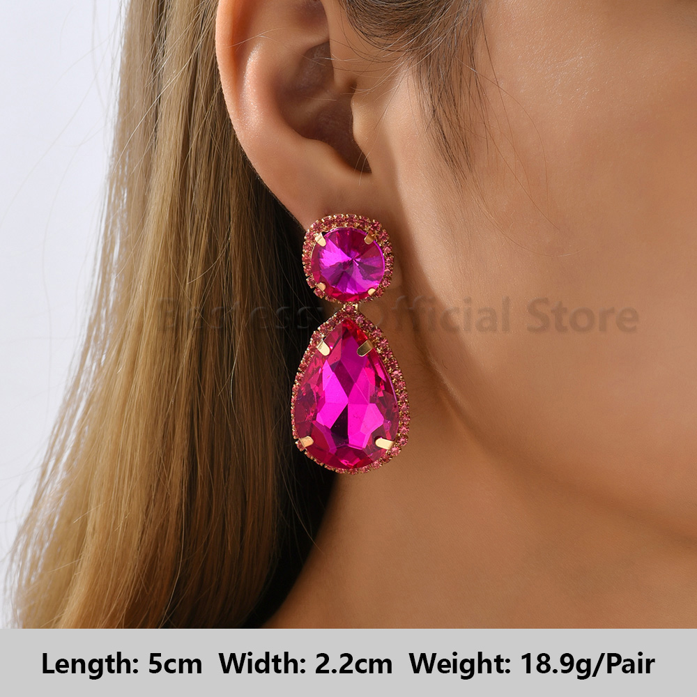 Pendientes colgantes de gota llamativos de diamantes de imitación de color rosa intenso para mujer, colgantes grandes geométricos de de lujo, de joyería para y boda: Azul
