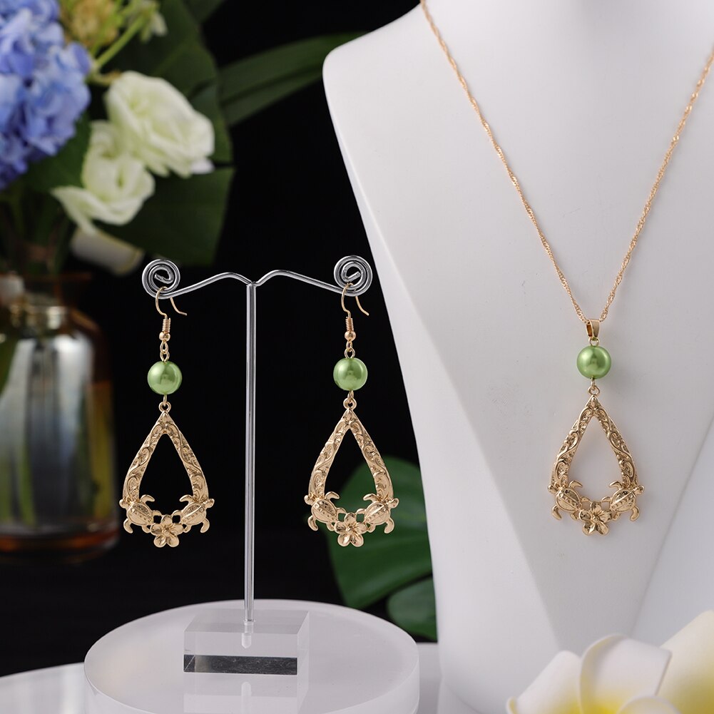 SophiaXuan Hawaiian Jewelry Set Pink Pearl Necklace Polynesian Necklace Samoa Gold Plated Earrings Set for Women
