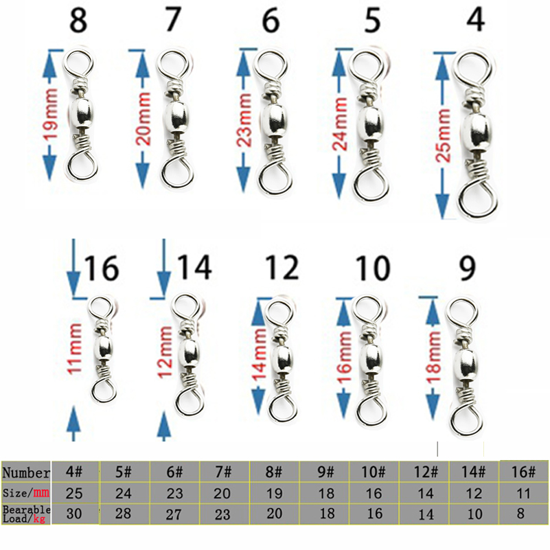 Barril giratorio de rodamiento de bolas de pesca de acero inoxidable, anzuelos de Pesca de Mar, Conector de línea de señuelo, productos para pesca, 50 piezas/1 caja