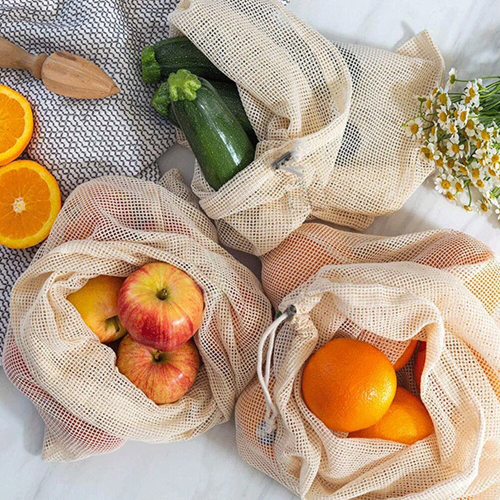 5 stuks afvalvrije boodschappentassen van biologisch katoen met trekkoord, wasbaar, herbruikbaar, voor grote hoeveelheden, 43 x 30cm mesh