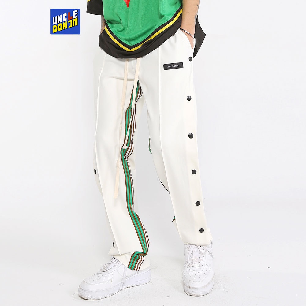 UNCLEDONJM patchwork side striped casual pants men side button slit trousers skateboard sweatpants hip hop pants