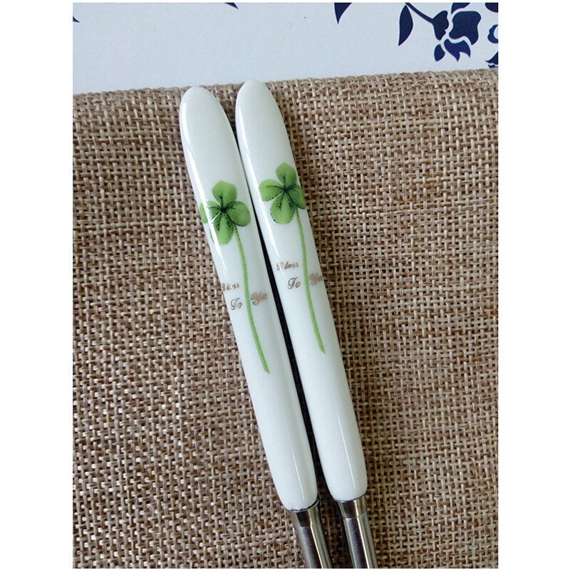 BalleenShiny 1 Pair Stainless Steel Chopsticks Chinese Style Rose Peony Ceramic Handle Anti-skid Chopsticks for Rice