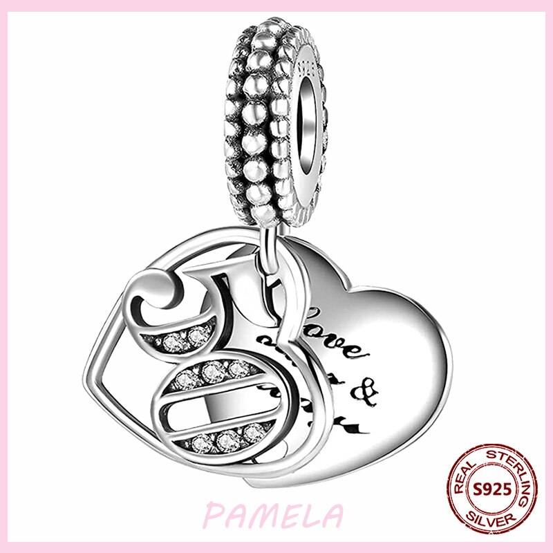 PAMELA 925 Sterling Silber Neue Arabischen Ziffern Charme 16 18 21 40 50 60 Perlen DIY Für Original Anhänger Armbinde schmuck Für Frauen: YBT755-50