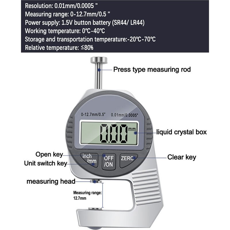 Elektronische Diktemeter 12.7Mm Digitale Micrometer Dikte Meter Micrometro Dikte Tester 0.01Mm Meetinstrument