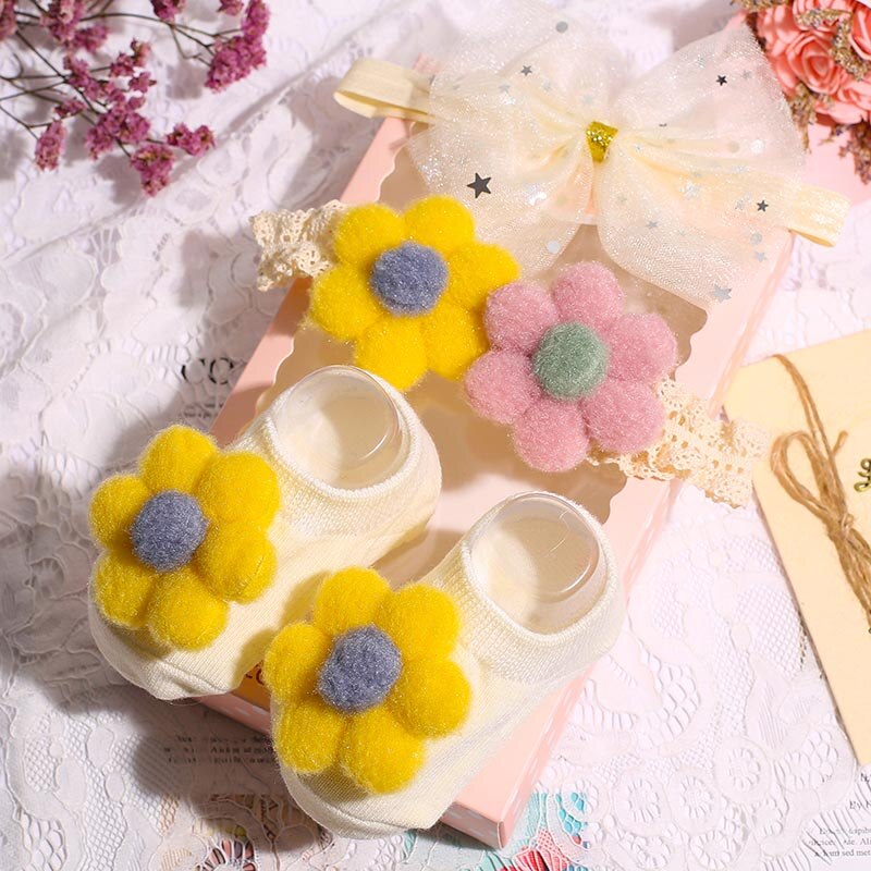 3er -einstellen babysocken + haarband mit süßen punkten und schleife, haarband mit blumenkranz, rutschfeste socken für babys und kleinkinder: Stil 1 g12