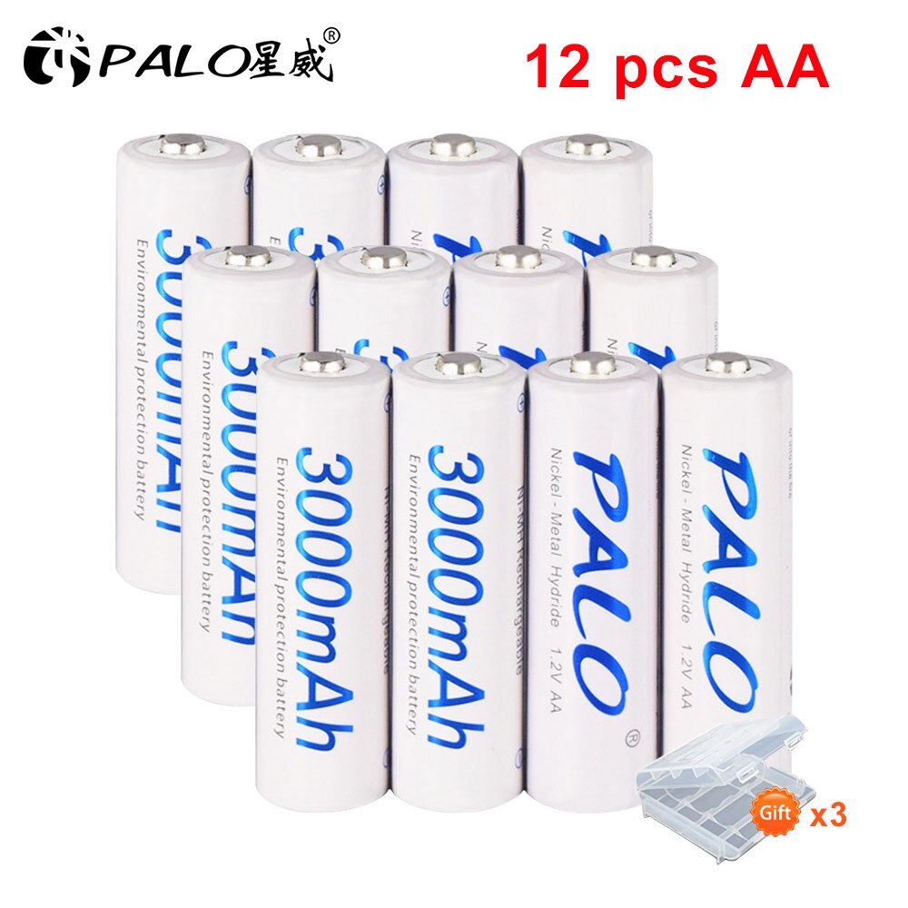 PALO 4/8/12/16pcs AA Battery Ni-MH 3000mAh 1.2V AA Rechargeable Batteries AA Bateria Baterias + 2pcs Battery Hold Case Boxes: 12pcs AA white