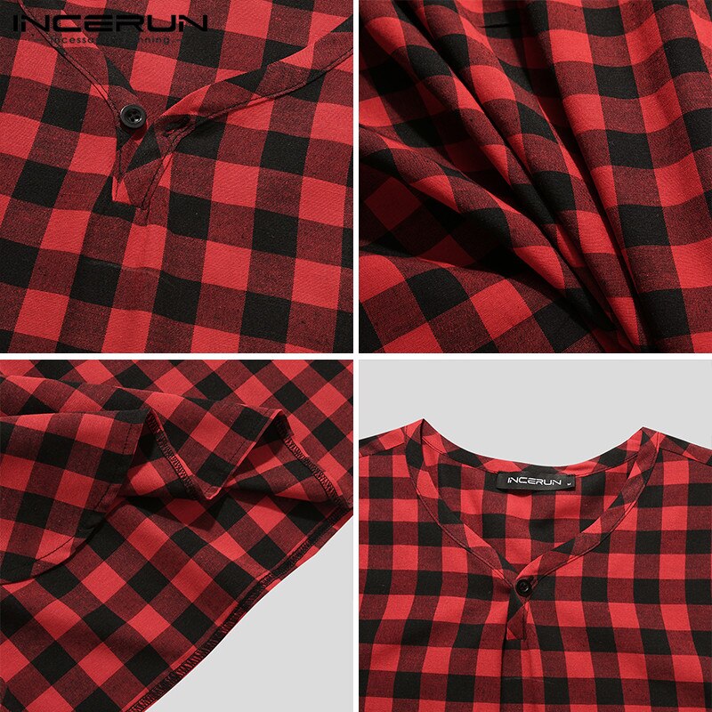 INCERUN Men Plaid Robes Homewear V Neck Short Sleeve Comfortable Leisure Nightgown Summer Soft Sleepwear Men Bathrobes S-5XL 7