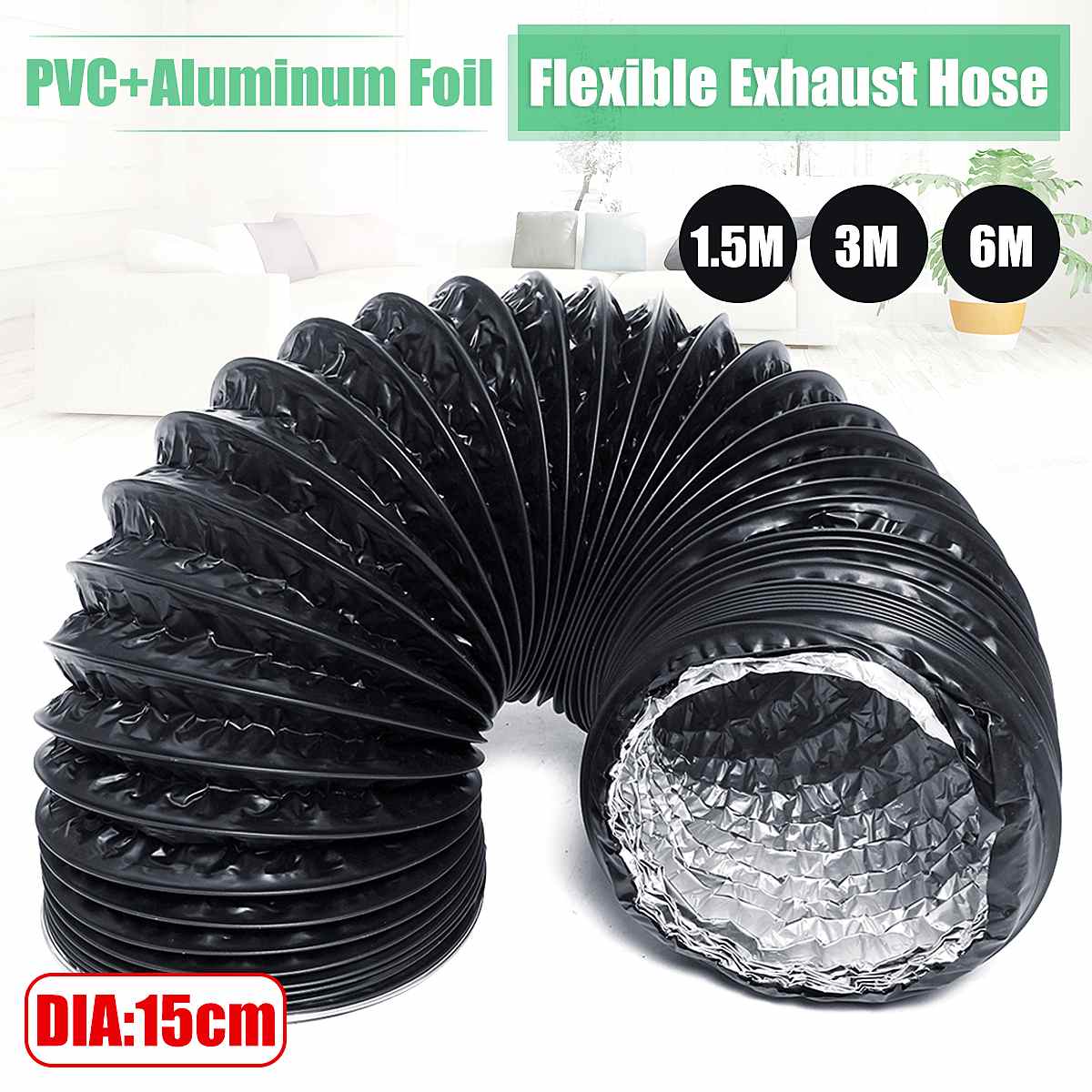 Flexible Exhaust Tube DIA 15cm 1.5M/3M/6M PVC Aluminum Air Ventilation System Ventilator Hose Pipe Kitchen Bathroom Accessories