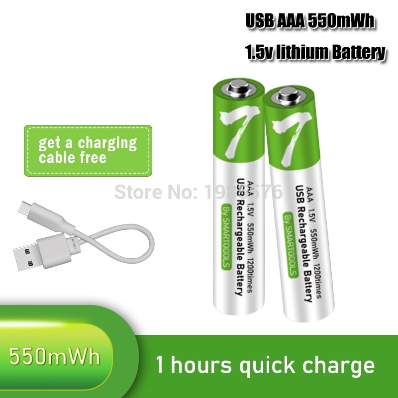 100% Capaciteit 1.5V 550mwh Aaa Li-Ion Batterij Li-Polymeer Met Usb Oplaadbare Lithium Usb Batterij + Usb Kabel