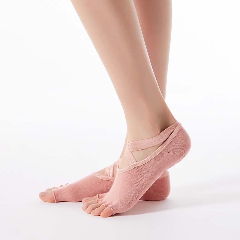 Kvinders fem tæer besætning ankel tå sokker åndbare anti-skrid yoga strømper hurtigtørrende pilates ballet dace sokker: Lyserød