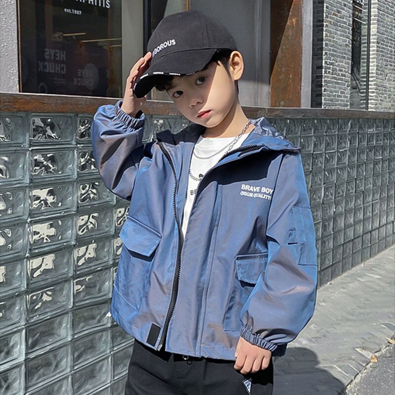 2022 Koreaanse Lente Herfst Boy Hooed Uitloper Lange Mouw Jasje Jas Brief Kapmantel Bovenkleding Tops 5 6 7 8 9 10 12 Jaar