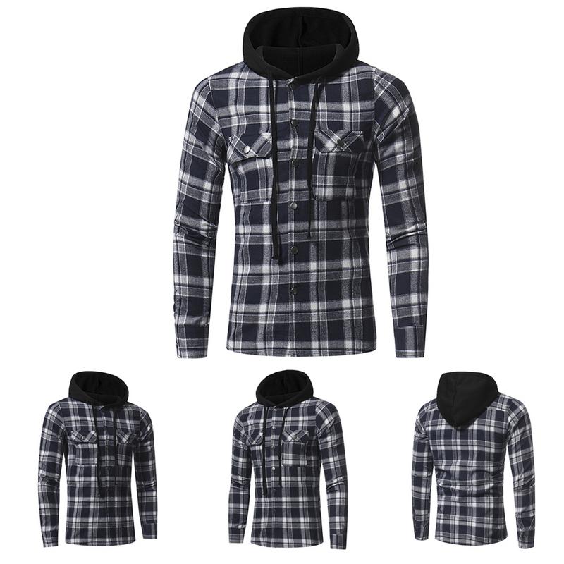 Mens Flanel Plaid Dubbele Zakken Hooded Shirt Casual Leisure Gecontroleerd Patroon Longsleeved Overhemd