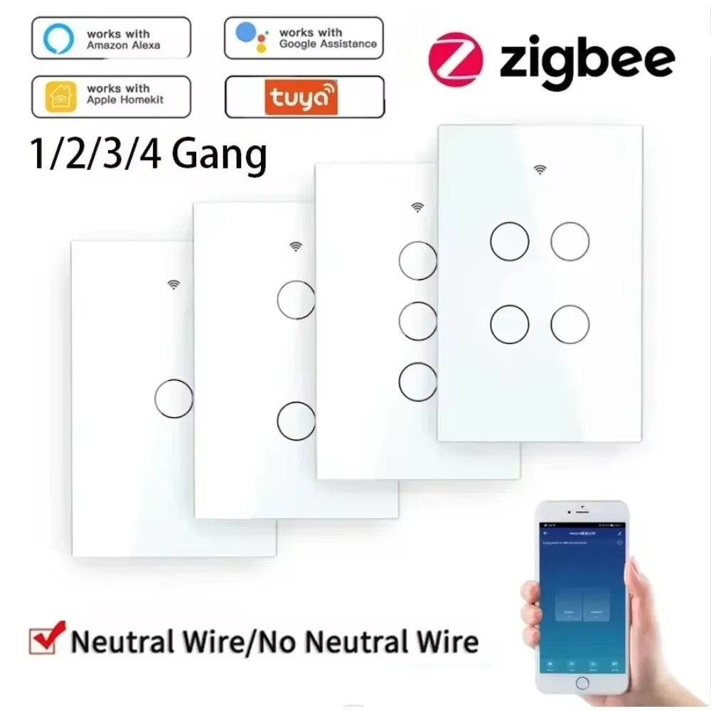 Tuya Zigbee Light Switch Zigbee Wall Switch No Neutral with Neutral All Used 1-3 Gang No Capacitor Zigbee No Neutral Switch